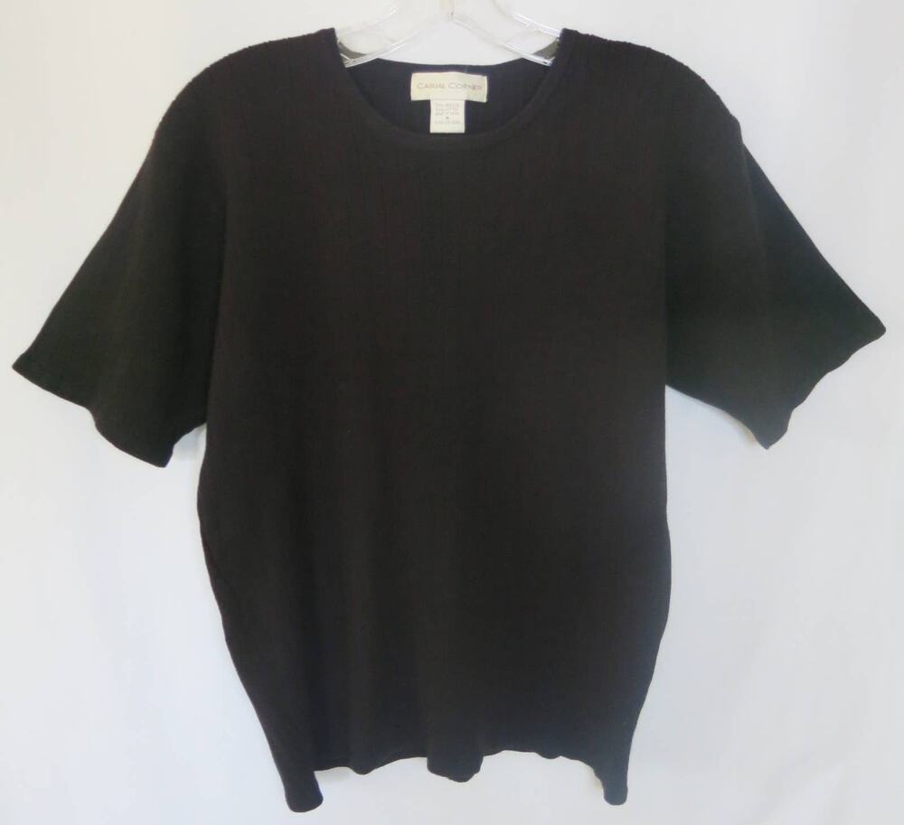 CASUAL CORNER Ribbed Top Size M Women Short Sleeve Round Neck Black Office